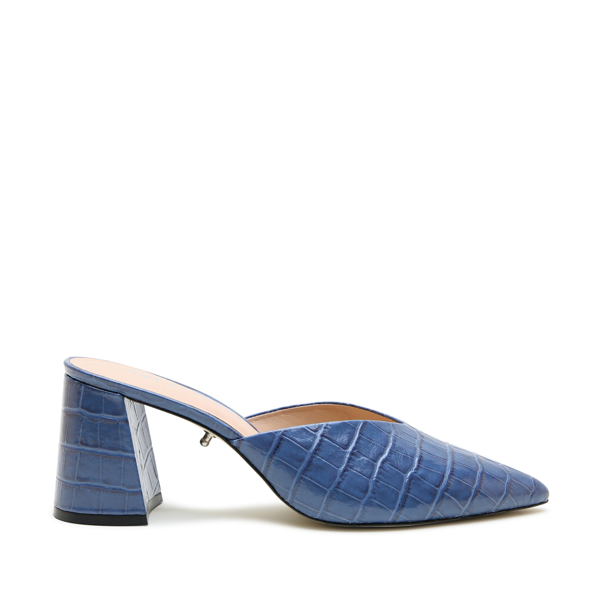 Indigo Croc V Mule by Alterre, featuring waxed embossed calf leather, 3-inch heel, and versatile blue mule with subtle wax finish.