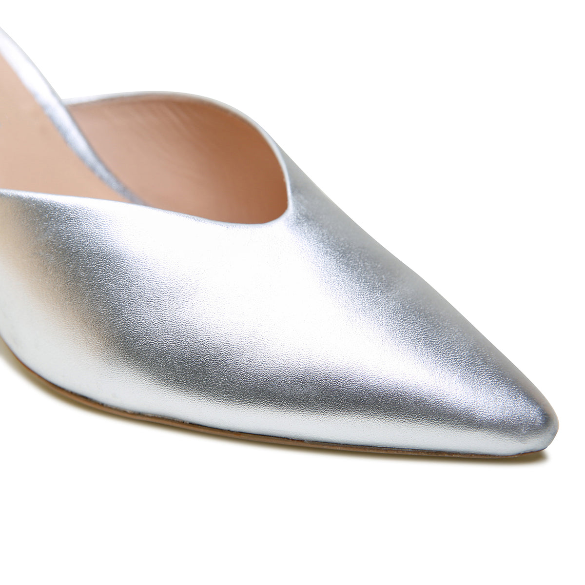 Silver V Mule by Alterre, featuring genuine leather upper and eco-leather sole, a 3-inch heel, a cushioned foam insole, and interchangeable strap compatibility.