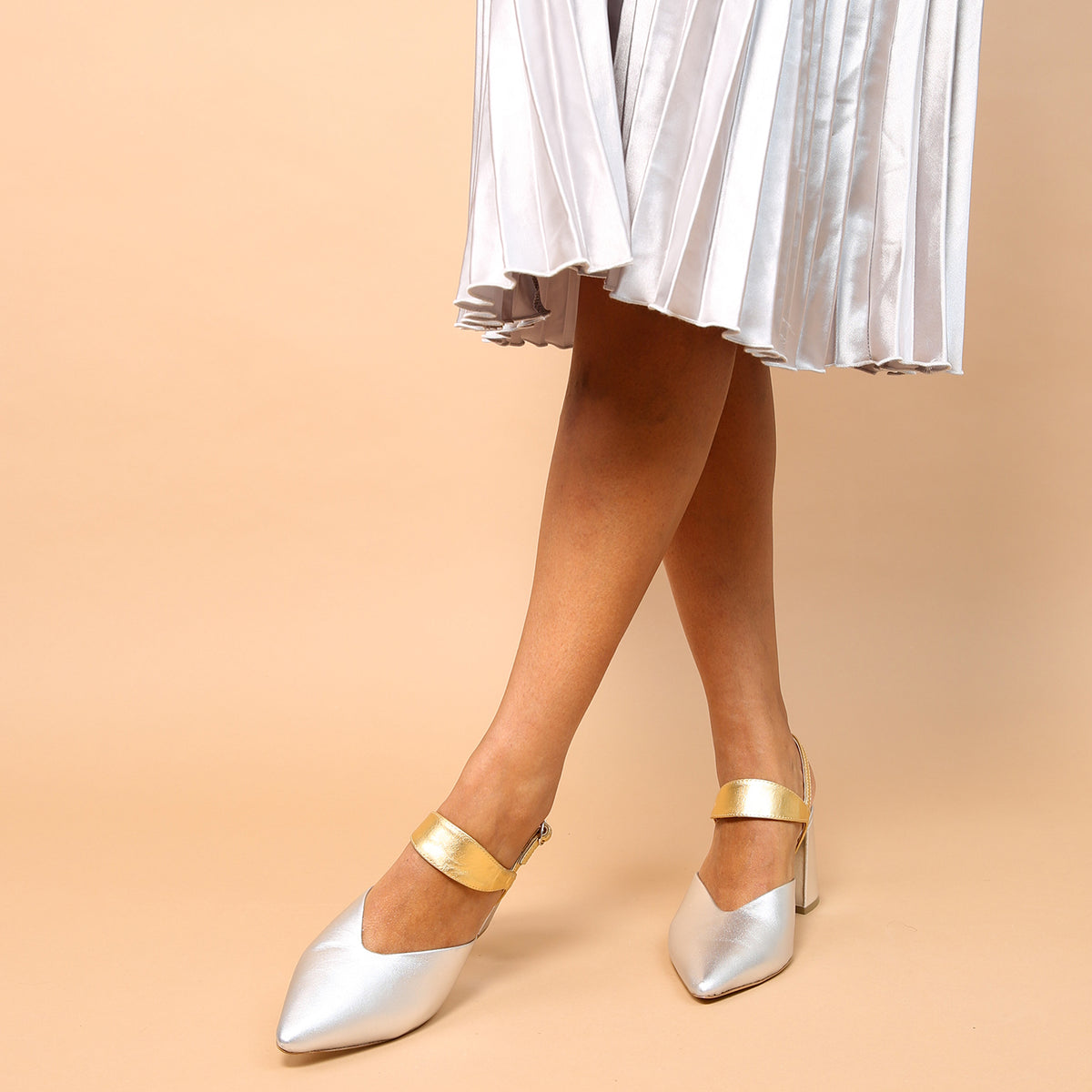 Silver V Mule + Gold Elsie Strap | Sustainable, Customizable Mules for Ethical Luxury & Conscious Comfort