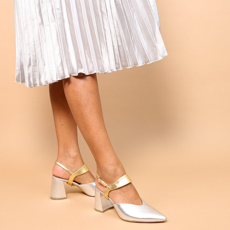 Shop Silver V Mule + Gold Elsie Strap | Customizable, Comfortable & Sustainable Shoes That Give Back – Ethical Luxury by Alterre