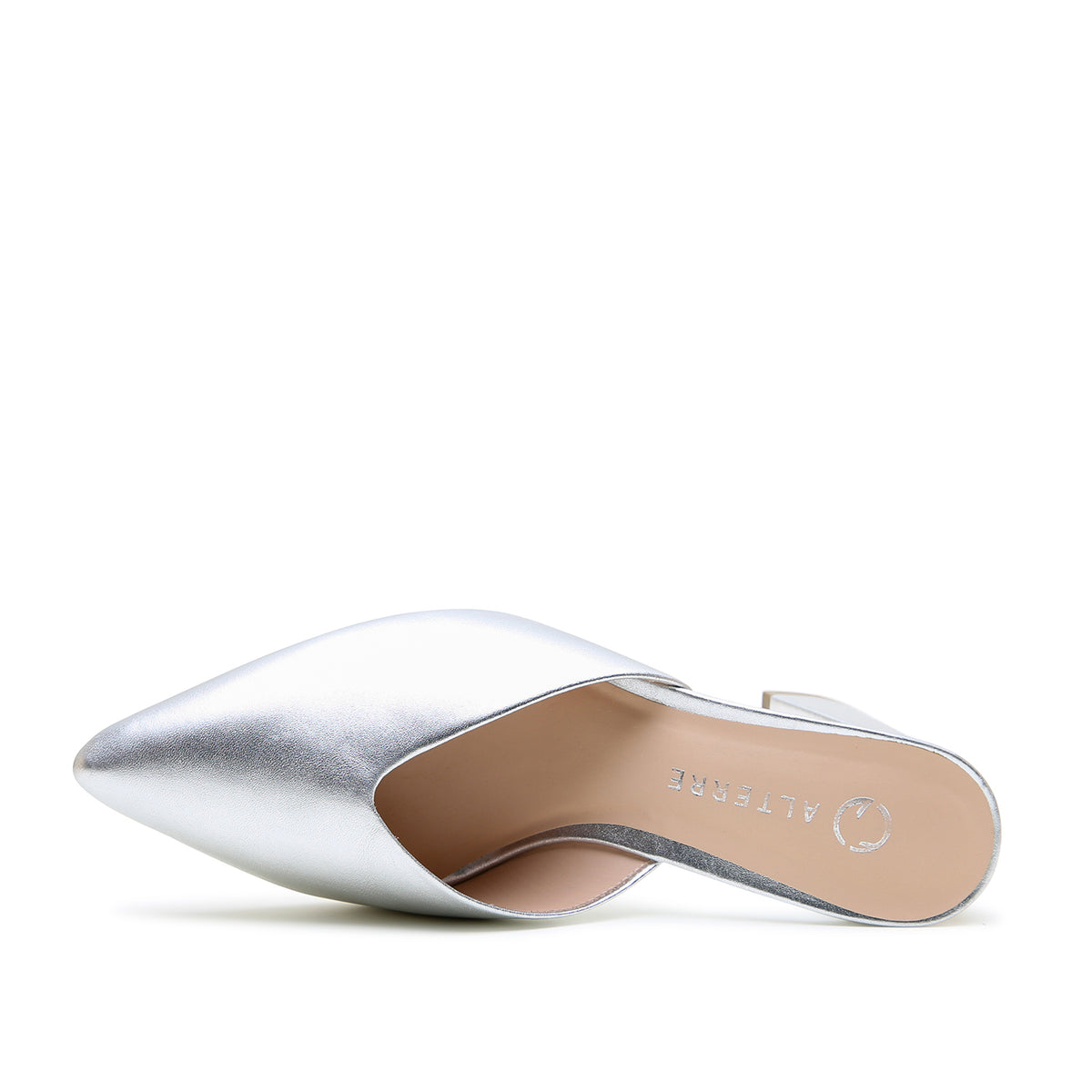 Alterre Silver V Mule combines genuine leather upper and eco-leather sole with a 3-inch heel, a cushioned foam insole and interchangeable strap compatibility for versatile styling.