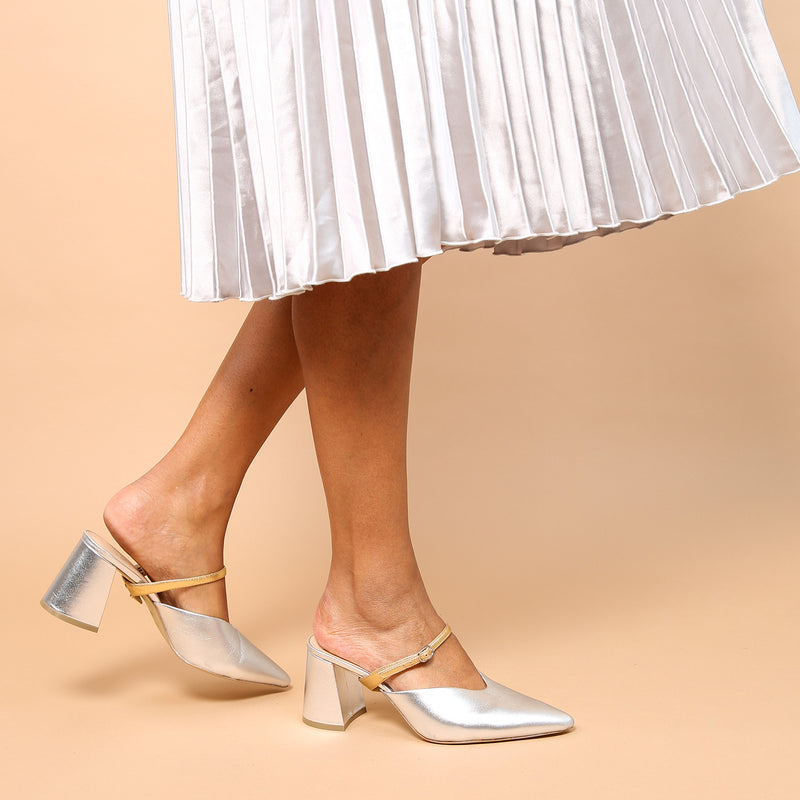 Shop Silver V Mule + Gold Twiggy Strap | Customizable, Comfortable & Sustainable Shoes That Give Back – Ethical Luxury by Alterre