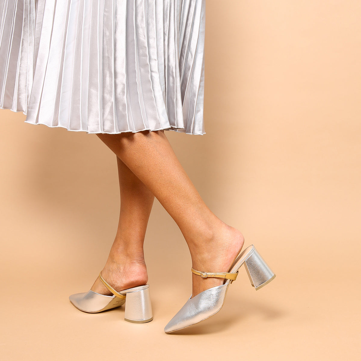 Silver V Mule + Gold Twiggy Strap | Sustainable, Customizable Mules for Ethical Luxury & Conscious Comfort