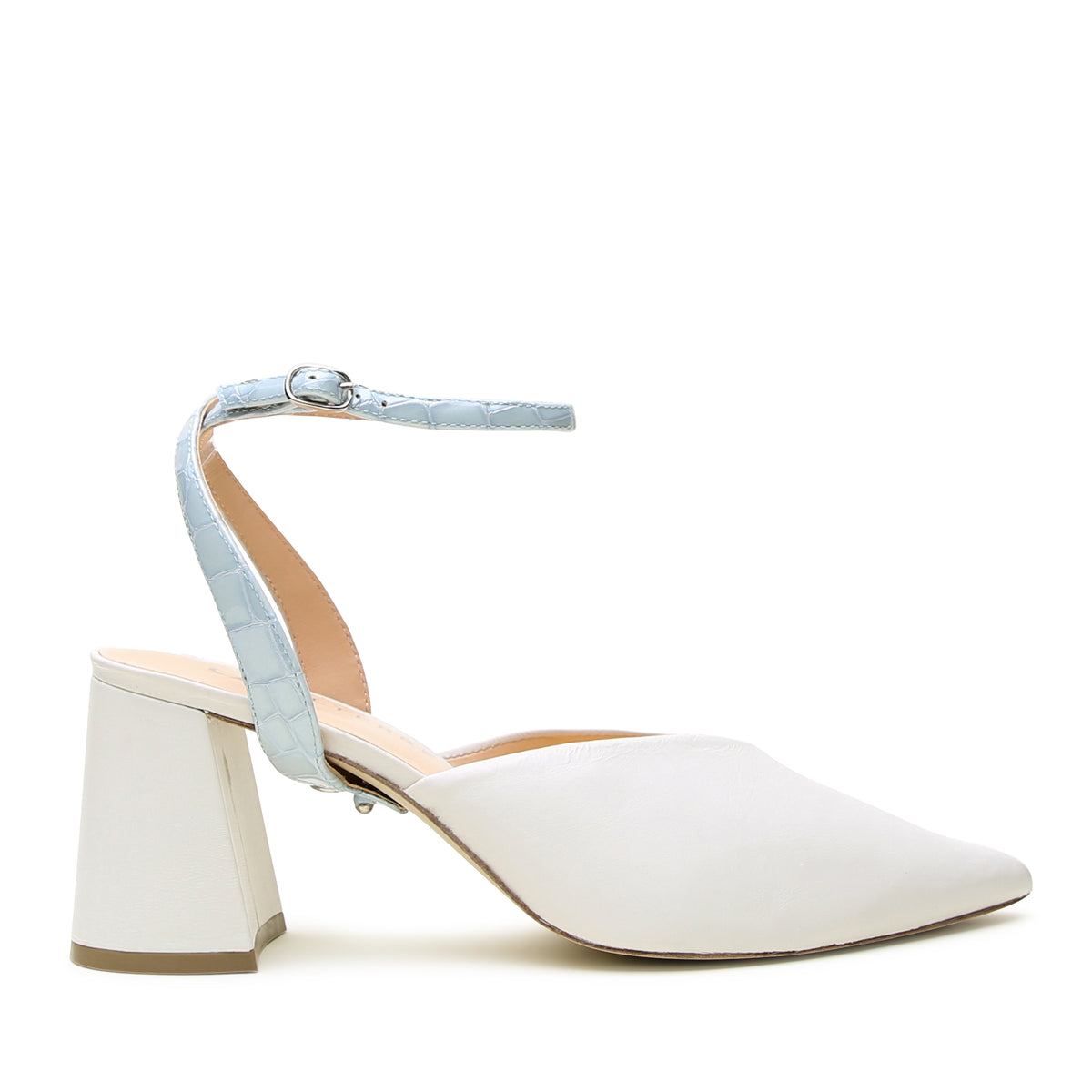 Alterre White V Mule with Blue Viper Marilyn Strap, featuring a white leather mule silhouette, blue cross-back strap, and comfortable 3-inch block mid-heel.