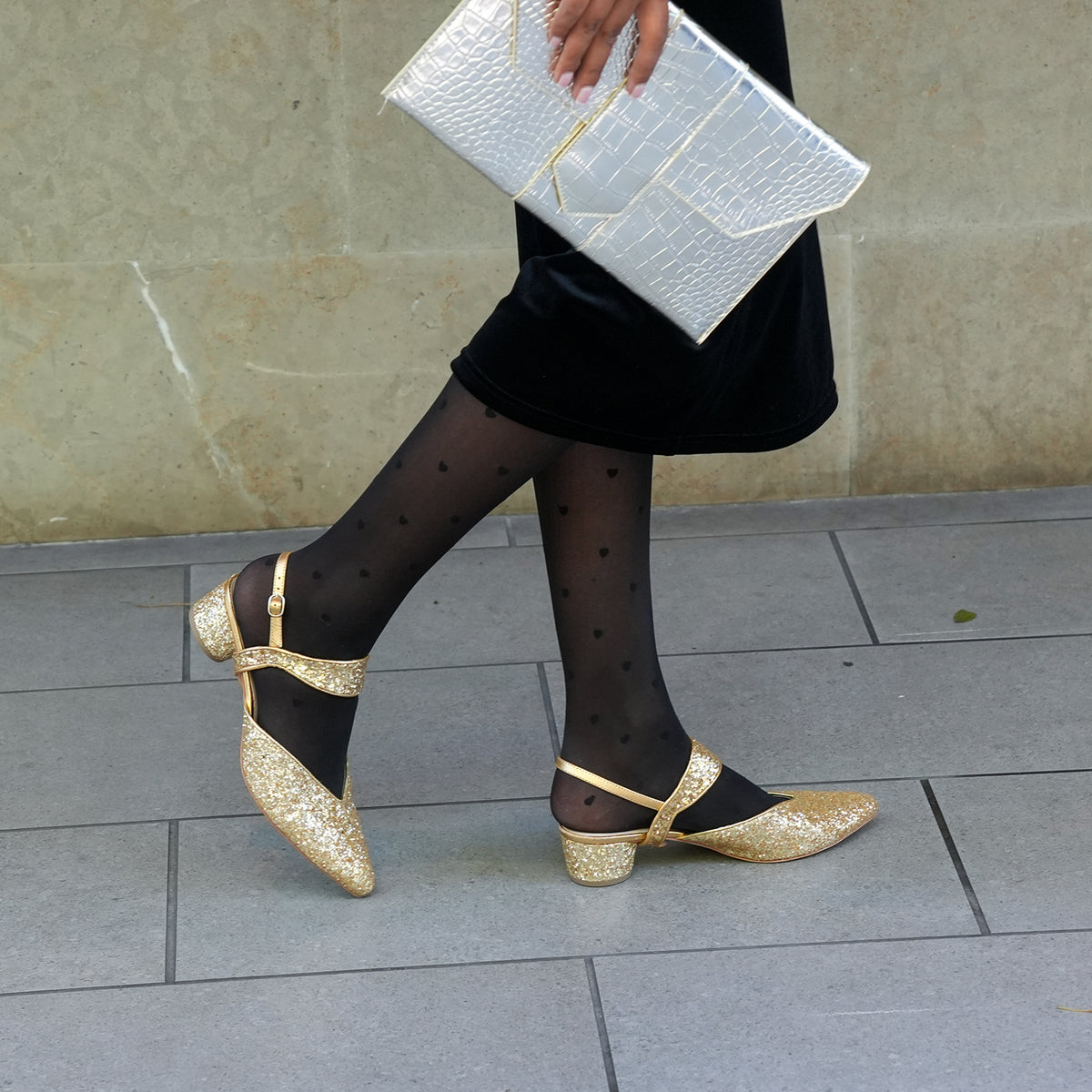 Gatsby Glitter V Slide + Elsie Strap | Sparkling, Sustainable & Customizable Ethical Luxury Footwear by Alterre