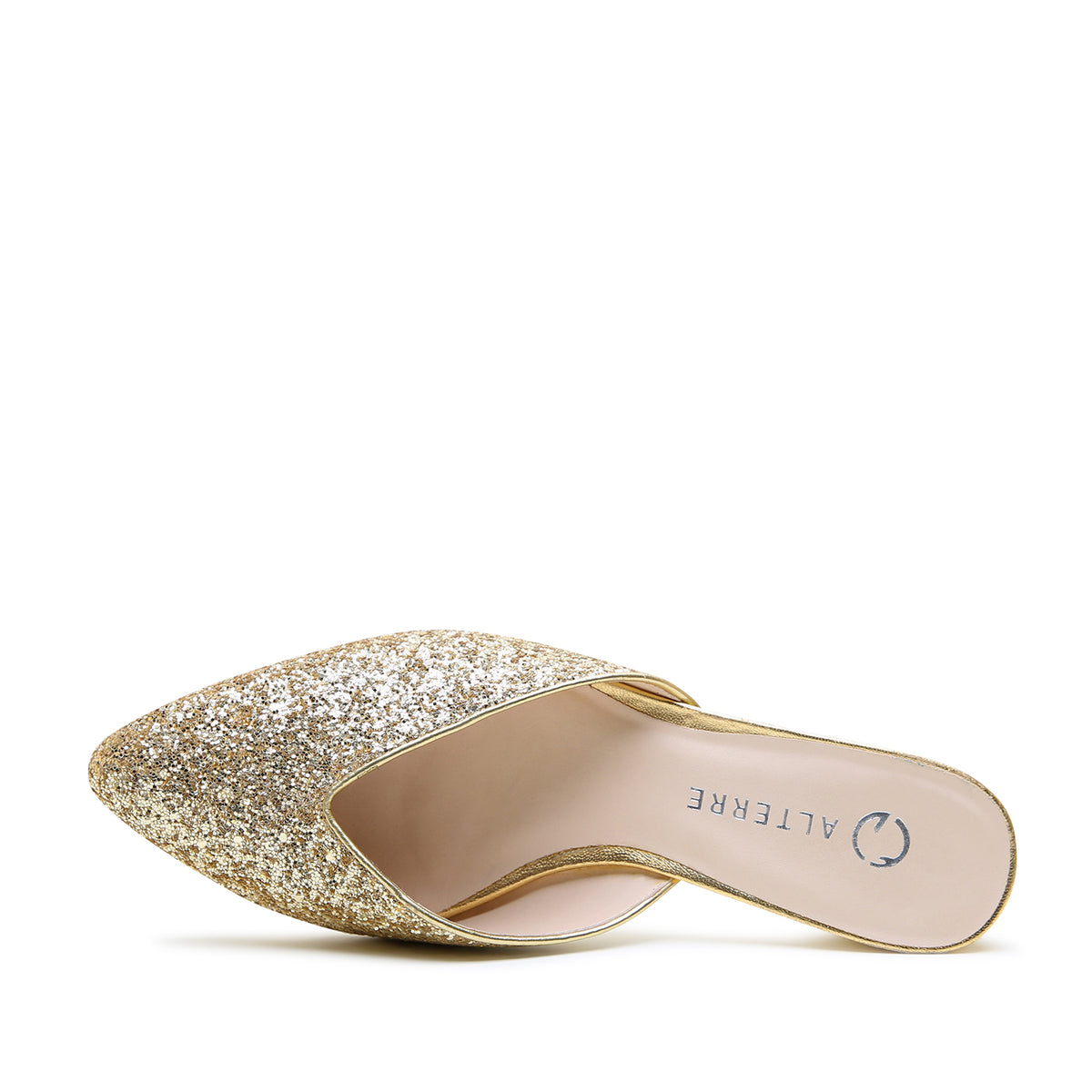 Gatsby Glitter V Slide by Alterre, featuring glitter fabric upper, leather piping/lining, and composite leather sole, a 1.5-inch heel, a cushioned foam insole, and interchangeable strap compatibility.