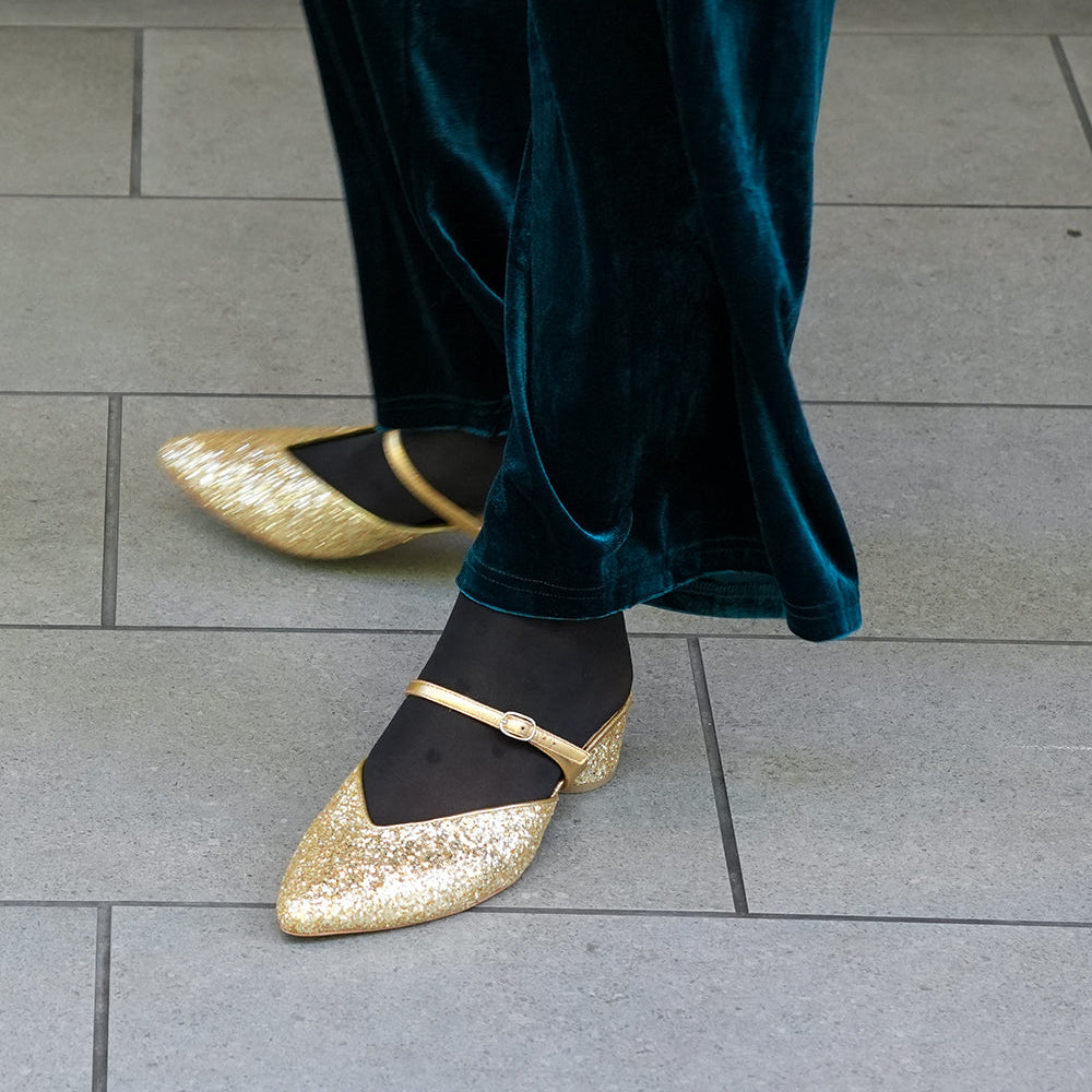 Gatsby Glitter V Slide + Gold Twiggy Strap | Sustainable, Customizable Slides for Ethical Luxury & Conscious Comfort