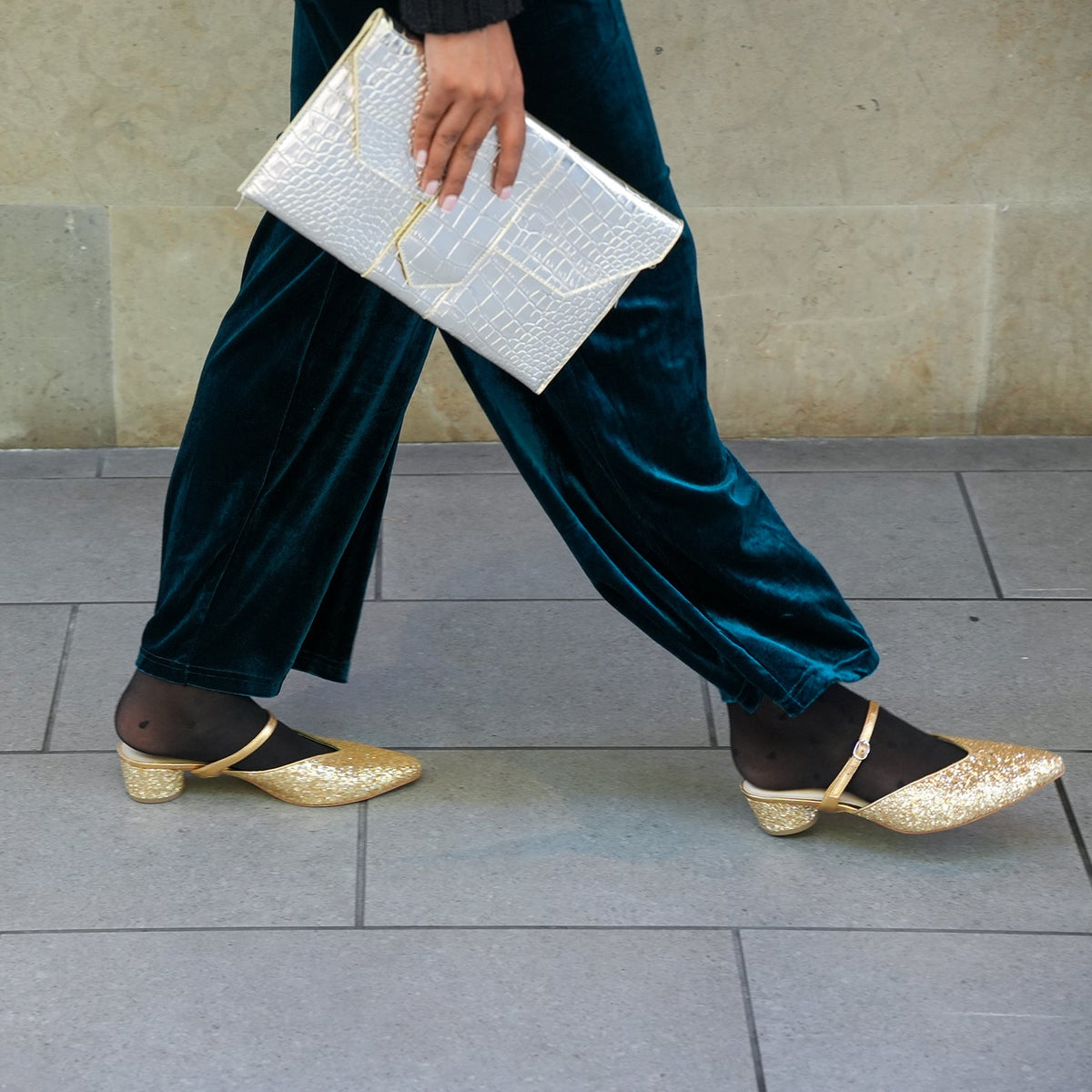 Ethical Luxury Footwear: Gatsby Glitter V Slide + Gold Twiggy Strap | Sustainable, Comfortable & Customizable Shoes That Give Back