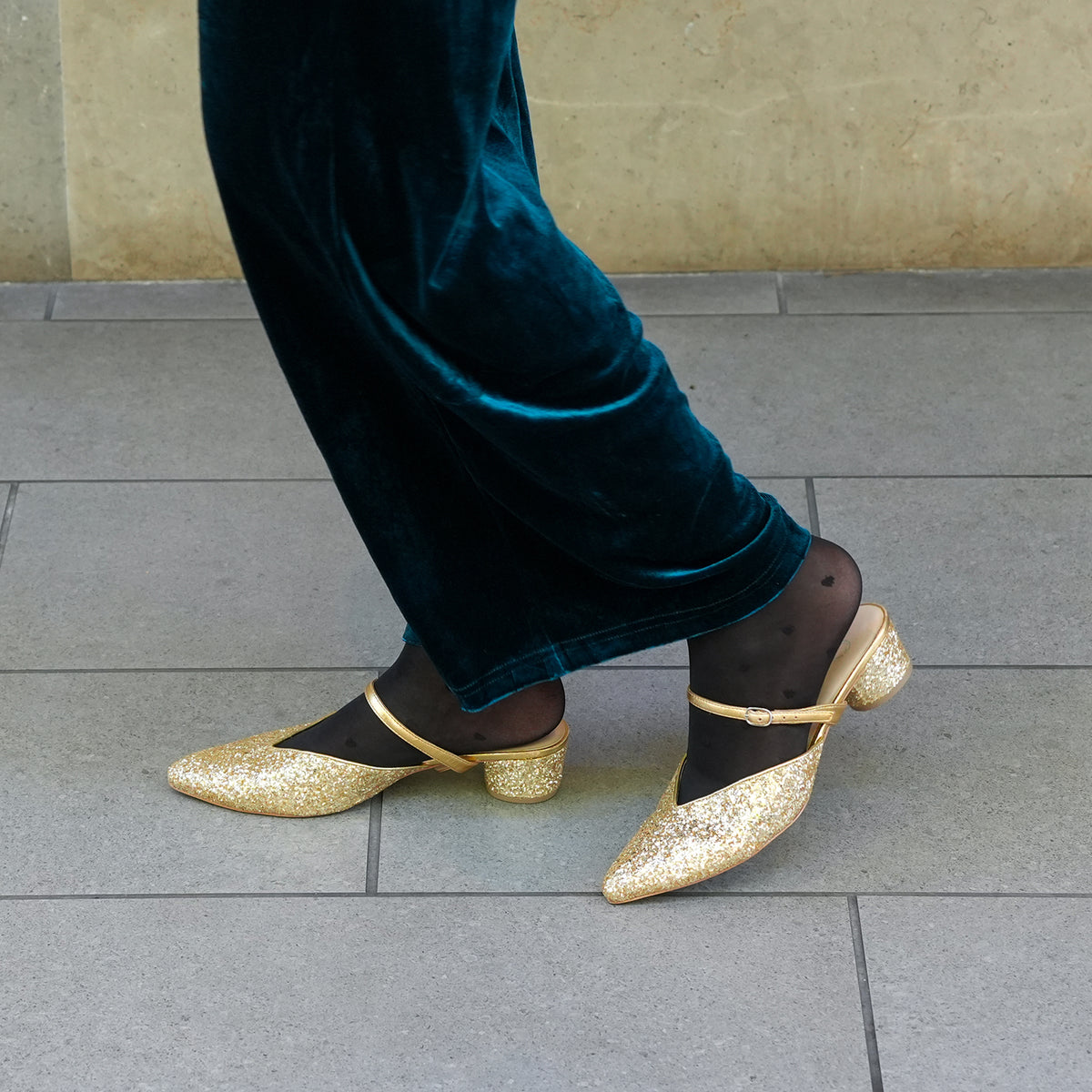 Alterre Gatsby Glitter V Slide + Gold Twiggy Strap | Ethical Luxury, Customizable Comfort & Sustainable Shoes That Give Back