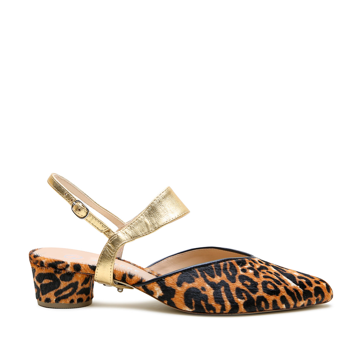Jaguar V Slide + Gold Elsie Strap by Alterre, featuring printed calf hair, 1.5-inch heel, and versatile and elevated cousin of leopard.
