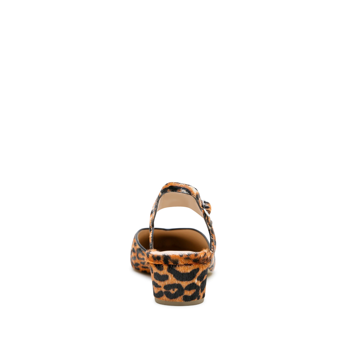 Jaguar V Slide + Elsie Strap crafted in printed calf hair with can be snug at first but leather will soften and 5-inch heel.