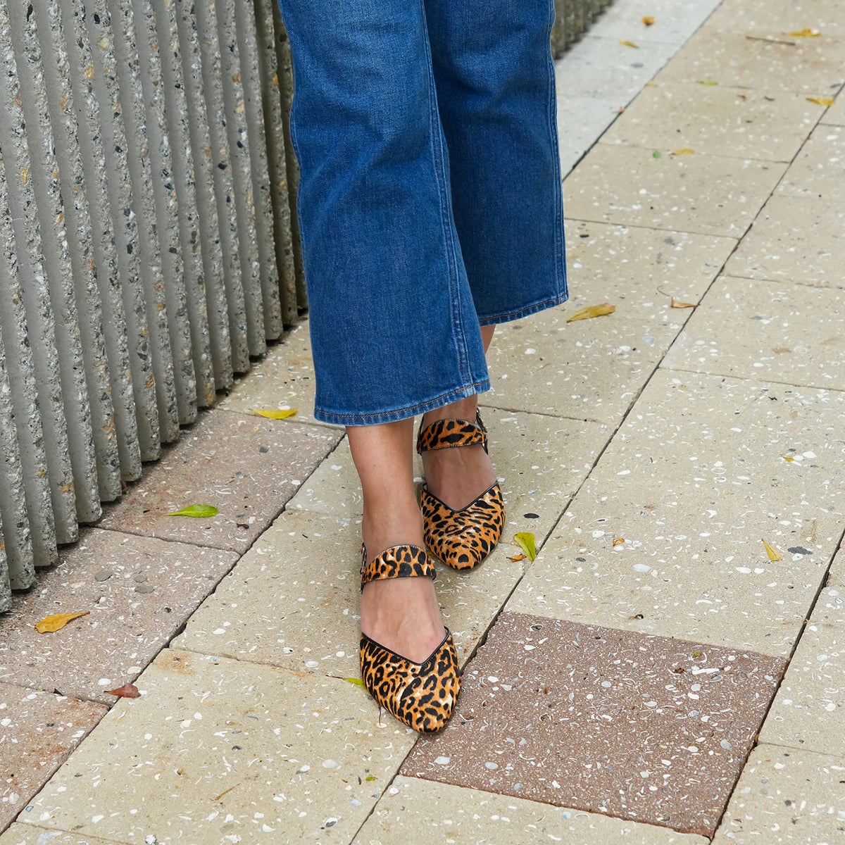 Jaguar V Slide + Elsie Strap by Alterre, featuring jaguar-print calf hair upper, foam-padded insole, and eco-leather composite sole.