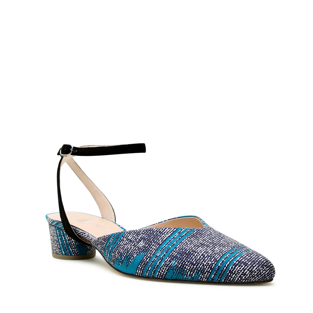 Teal reclaimed silk slide sandal with Black Suede Marilyn cross-back strap, breathable eco-leather sole, and low recycled plastic heel.