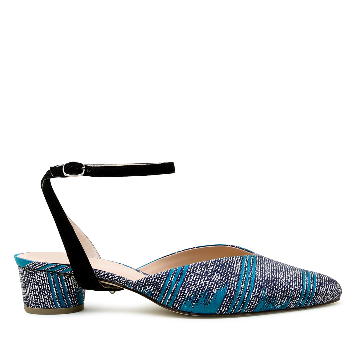 Alterre Tidal Blue V Slide with Black Suede Marilyn Strap, featuring reclaimed silk fabric, a rich teal color, and a comfortable 1.5-inch heel.