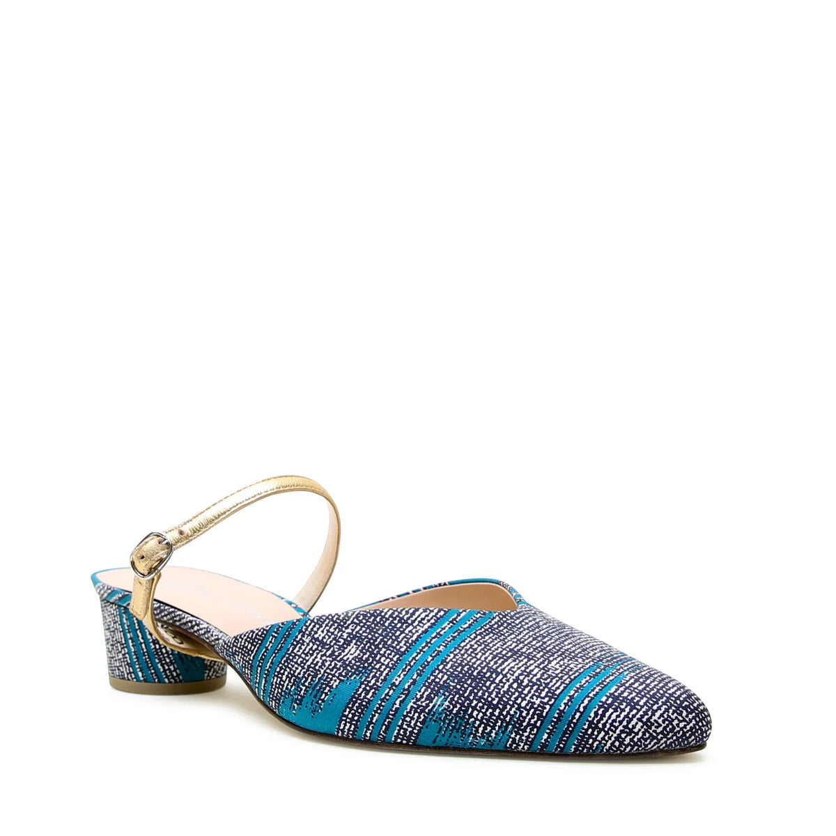 Teal reclaimed silk slide sandal with Gold Twiggy Strap, breathable eco-leather sole, genuine leather strap, and low recycled plastic heel.