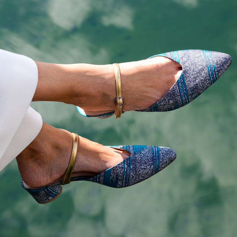 Alterre Tidal Blue V Slide paired with Gold Twiggy Strap, a sustainable low-heel slide with detachable mix-and-match styling for everyday or occasion wear.