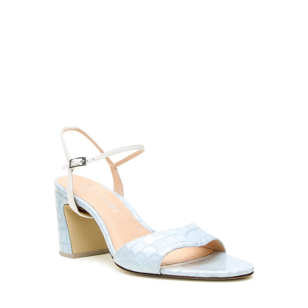 Light blue patent croc print block heel sandal with White Amal contrast strap, subtle wave front detail, breathable eco-leather sole, and detachable mix-and-match design.