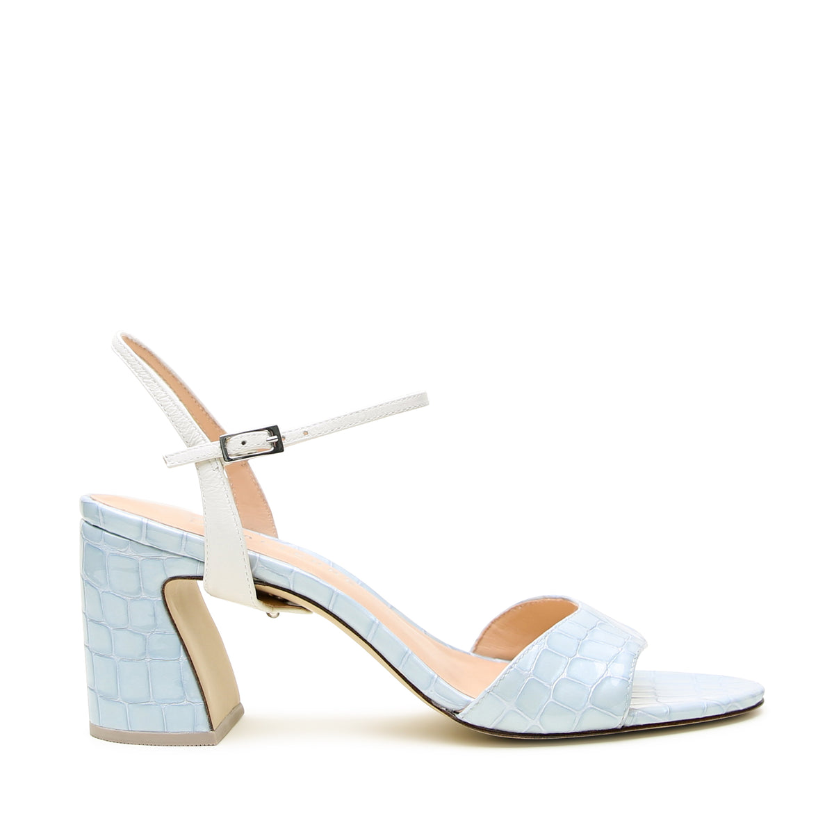 Alterre Blue Viper Wave Sandal with White Amal Strap in light blue embossed patent croc print, featuring a 3-inch recycled plastic block heel and genuine leather upper.