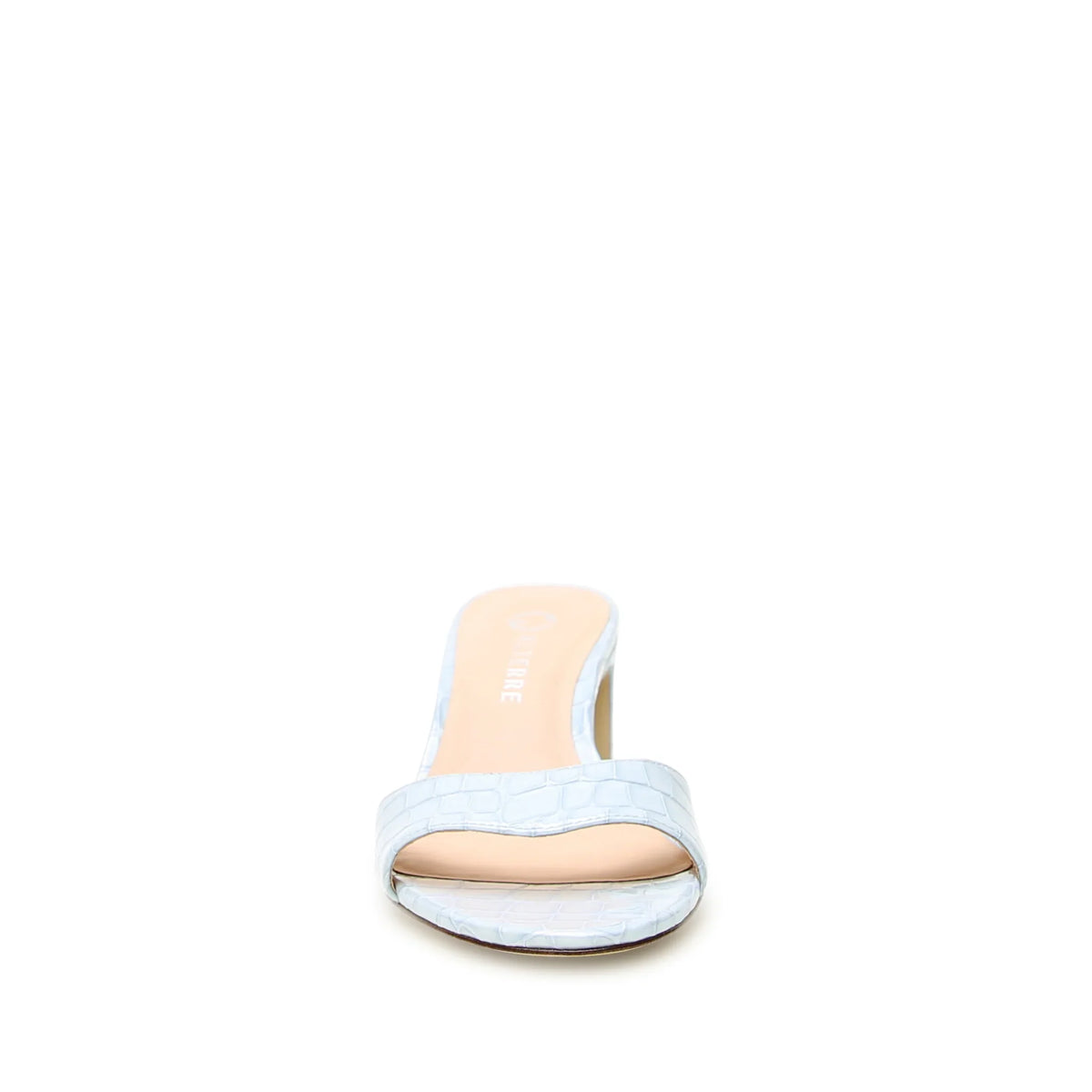 Comfortable light blue block heel sandal with embossed croc finish, subtle wave front detail, and versatile summer occasion styling.