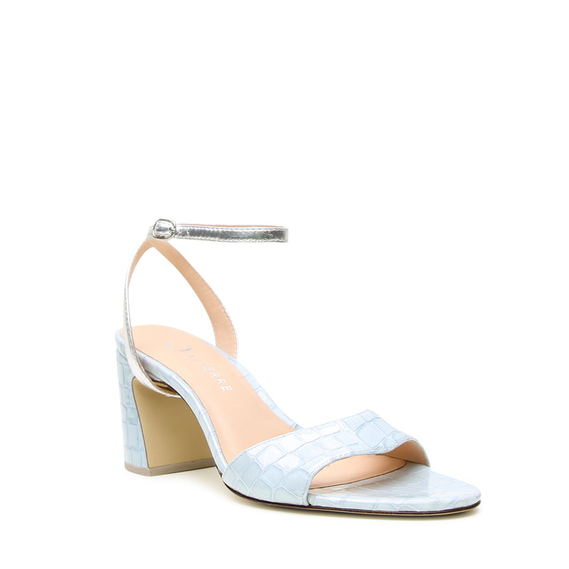 Light blue patent croc print leather block heel sandal with Silver Marilyn cross-back strap, breathable eco-leather sole, and detachable mix-and-match Alterre design.