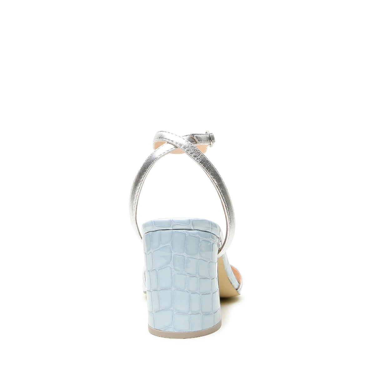 Alterre Blue Viper Wave Sandal paired with Silver Marilyn Strap, a comfortable leather dress sandal with a recycled plastic heel and elegant silver cross-back styling for summer events.