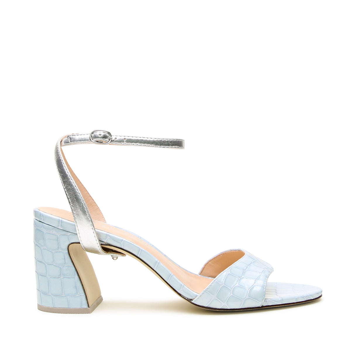Alterre Blue Viper Wave Sandal with Silver Marilyn Strap, featuring light blue embossed patent croc print, a subtle wave detail, and a comfortable 3-inch block heel.