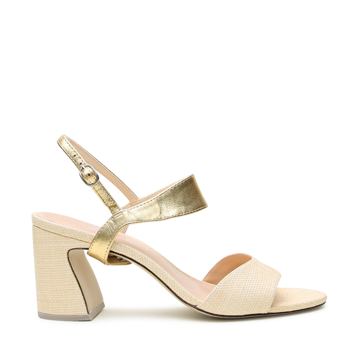 Raffia block heel sandal starter kit with subtle wave front detail and interchangeable straps for multiple looks in one.