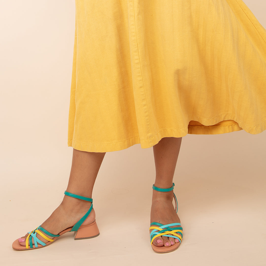 Blush Multi Bell Sandal + Teal Marilyn Personalized Sandals | Alterre Create Your Own Shoe - Sustainable Shoe Brand & Ethical Footwear Company